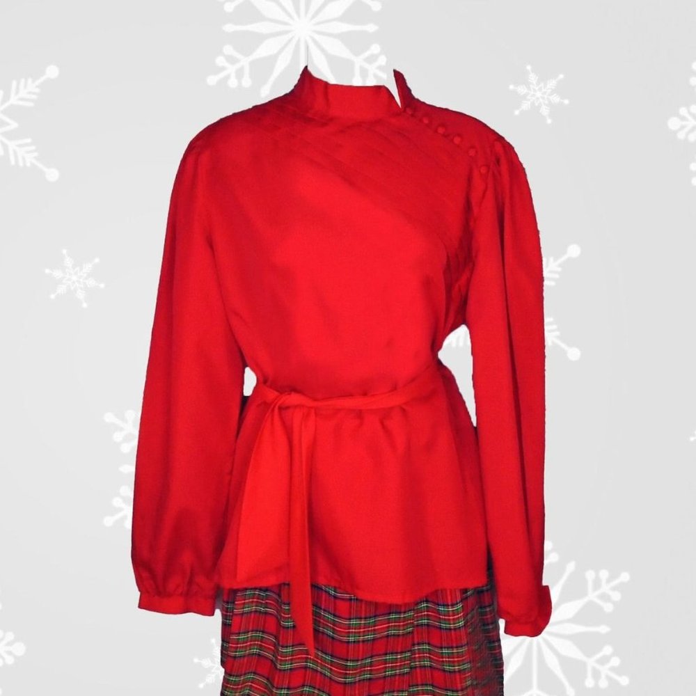Plus Size Vintage Red Blouse, 70s Long Sleeve Top With Tie Belt VFG - Picture 7 of 8